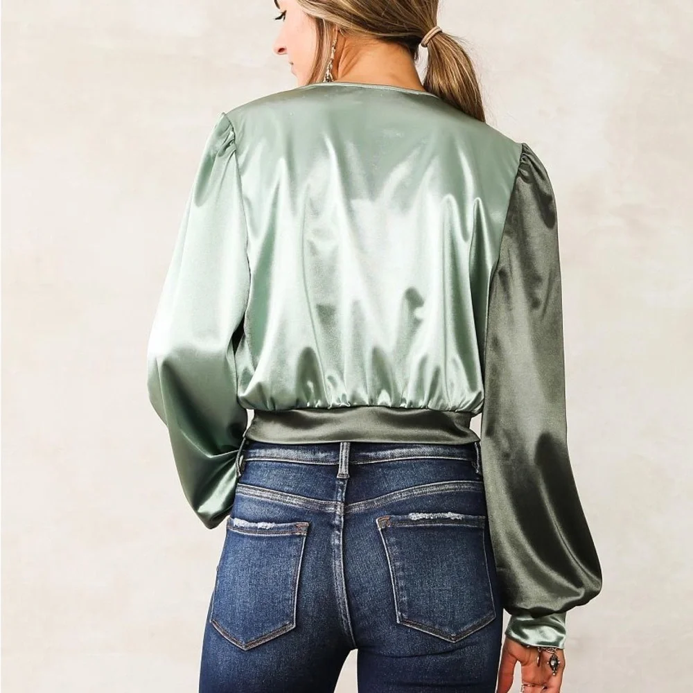 Satin Tie-Front Blouse in Green willow and root - Picture 2 of 6